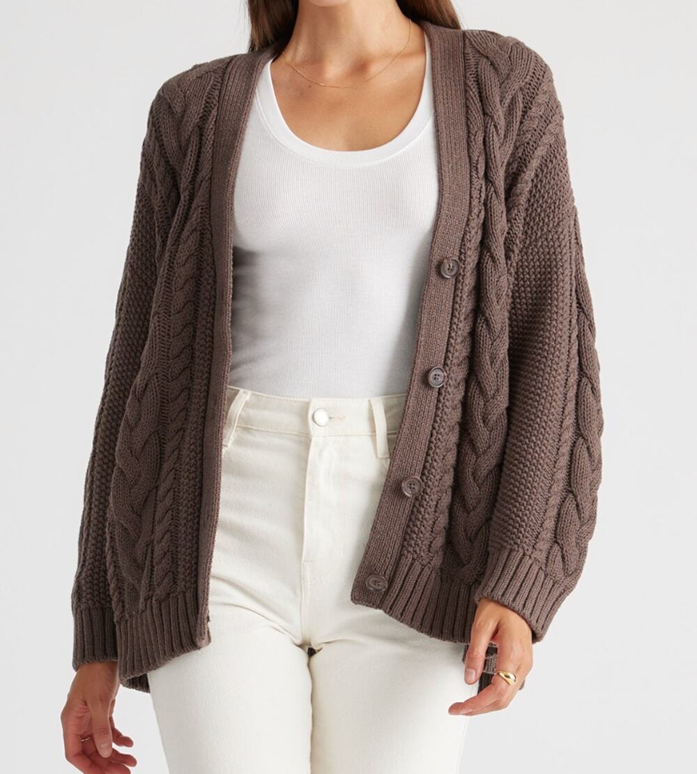 Quince Organic Cotton Oversized Cable Cardigan Sweater Heather Brown XS